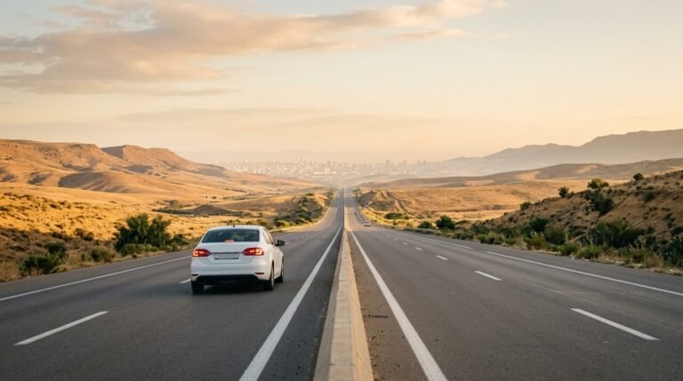 Distance Sétif Alger en voiture : voiture de location sur l'autoroute Est-Ouest au lever du jour, 2AY Location De Voitures