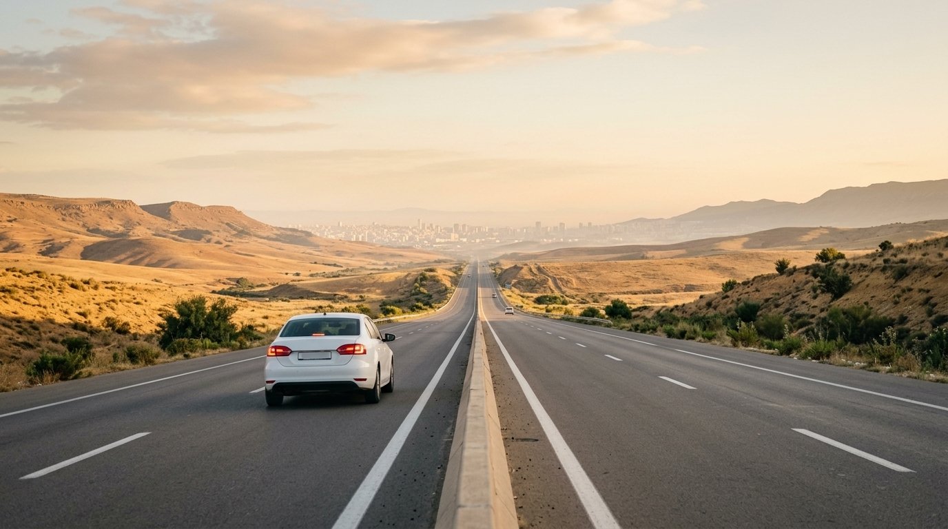 Distance Sétif Alger en voiture : voiture de location sur l'autoroute Est-Ouest au lever du jour, 2AY Location De Voitures